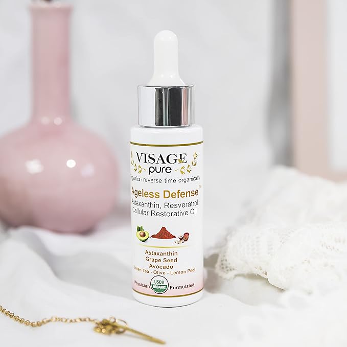 Ageless Defense -Cellular Restorative Astaxanthin Face Serum -by Visage Pure-Astaxanthin and Resveratrol Antiaging Serum. Protects the Skin From Aging-Organic-Physician Formulated-Research Supported