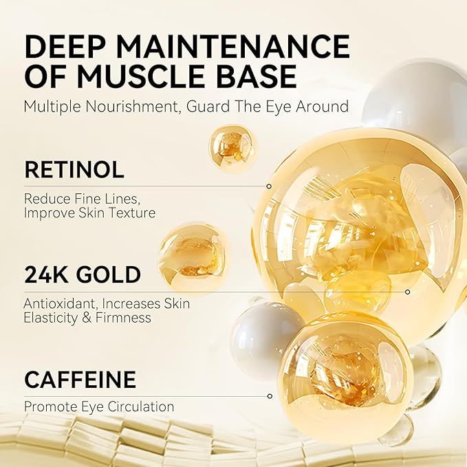 BREYLEE 24K Gold Eye Masks - 60 Pcs, Retinol & Caffeine Under Eye Patches for Reduce Fine Lines & Wrinkles, Puffy Eyes and Dark Circles Treatments, Improve and Firm Eye Skin