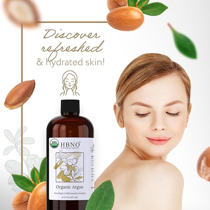 HBNO Organic Argan Oil - Huge 16 oz (475 ml) Value Size - Natural Argan Oil, Cold Pressed - Perfect Carrier Oil for Massage, Aromatherapy, DIY, Soap Making, Face, Body, Lips, Hair, Nails - Argan Oil