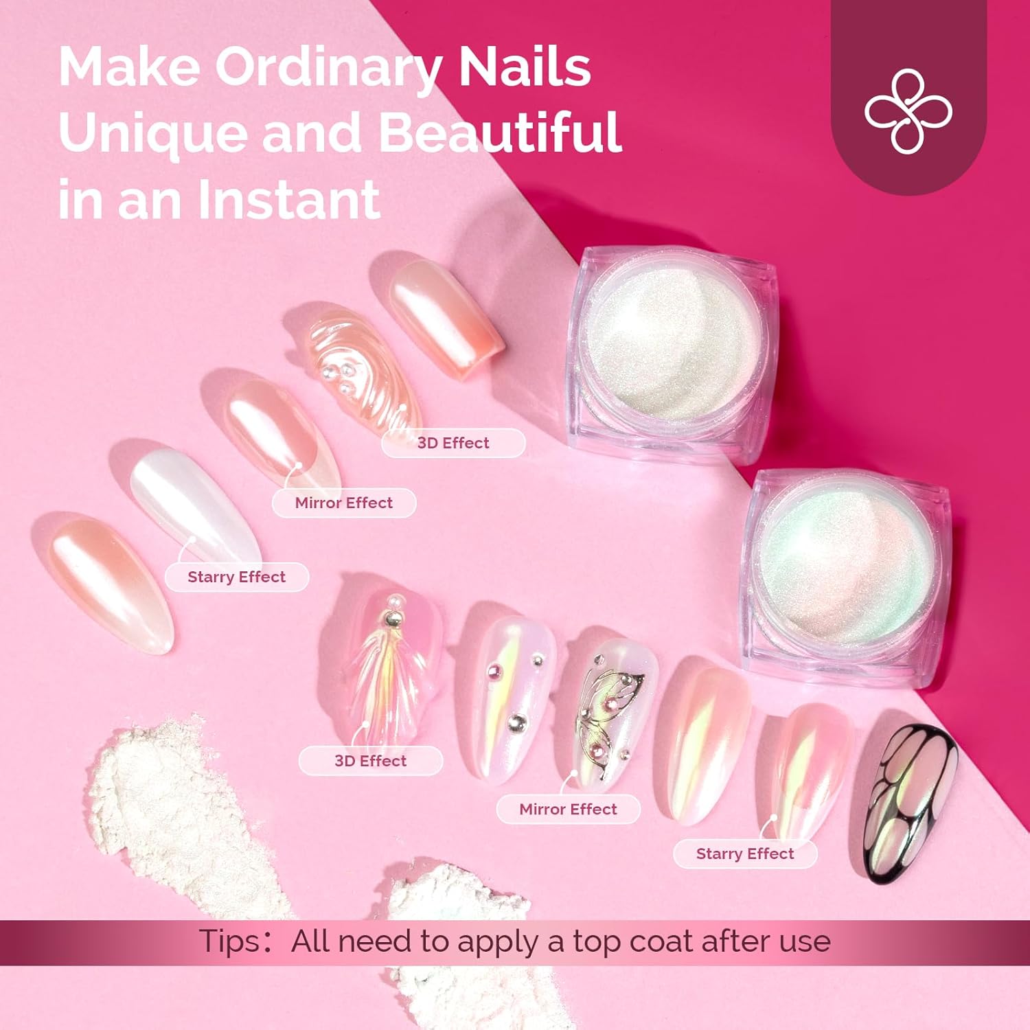 MelodySusie 2Pcs Chrome Nail Powder for Gel Nails, Pearl and Aurora Powder Mirror Effect Pigment Pearlescent Mermaid Pigment Pearl Glitter for Home DIY Salon Use