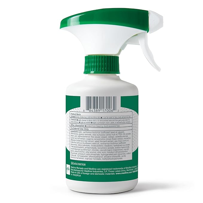 Medline Remedy Clinical Cleansing Body Lotion, 8 Oz Spray Bottle, Vanilla Scent, No-Rinse Bedside Cleanser, Incontinence Care, Moisturizing, Skin Conditioning, Nutrient Rich, Sulfate-Free, Men, Women