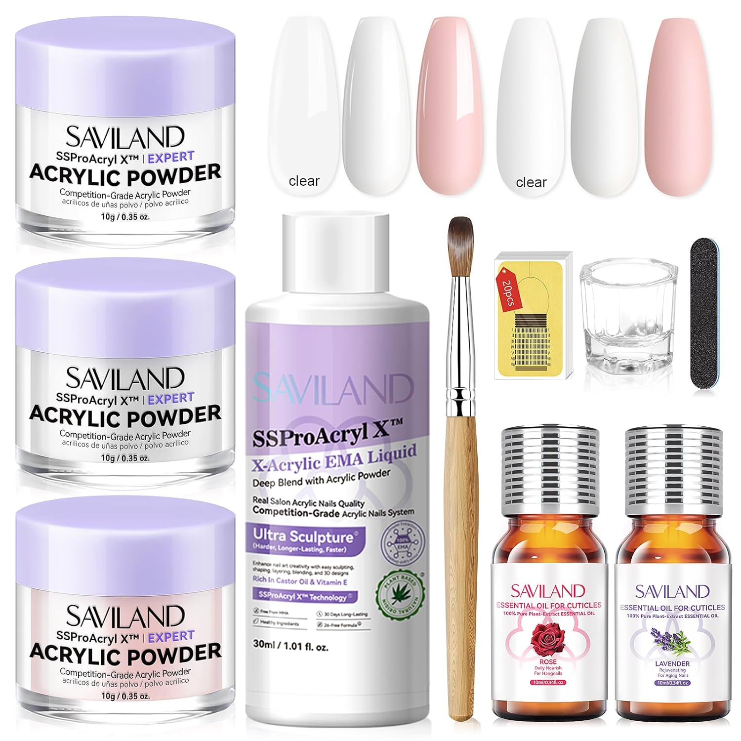 SAVILAND Acrylic Nail Kit for Beginners: White Pink Clear Acrylic Powder and Liquid Set with EMA Acrylic Liquid Monomer Nail Brush Forms Tools and Cuticle Essentials Oil for Nails Home Manicure DIY