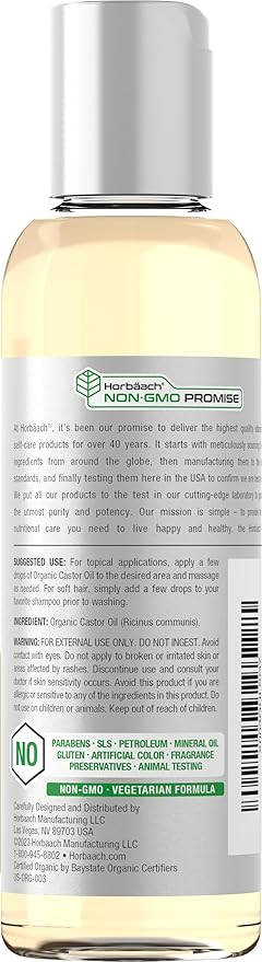 Horbäach Castor Oil Organic | 4 fl oz | Cold Pressed and Hexane Free | For Face, Hair, Eyelashes and Eyebrows | Vegetarian, Non-GMO Formula