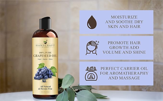 Handcraft Blends Grapeseed Oil - Cold-Pressed 8 Fl Oz - 100% Pure and Natural - Premium Grade Carrier Oil for Skin and Hair - Hair and Body - Massage - Hexane-Free