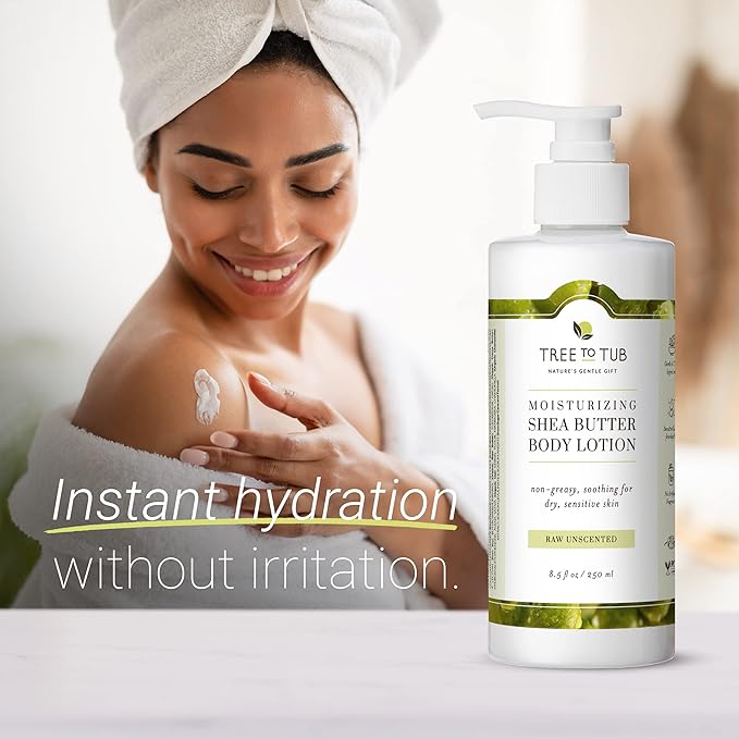 Tree to Tub Unscented Shea Butter Body Lotion for Dry Skin & Unscented Body Wash for Sensitive Skin - pH Balanced Fragrance Free Sensitive Lotion and Body Wash for Women & Men - Sulfate Free