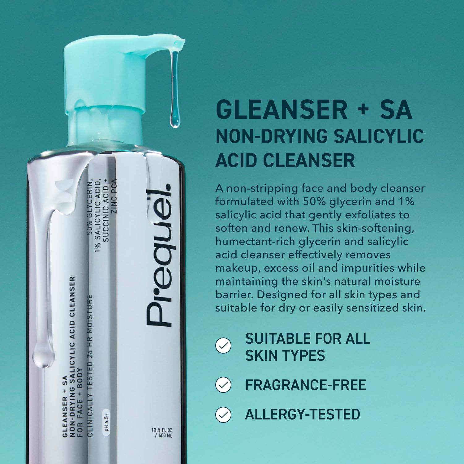 Skin Gleanser SA, Moisturizing Glycerin Face Wash,1% Salicylic Acid Face Cleanser, Unscented and Combination Skin Face Soap, 13.5 ounce (each) Pump Bottles - 6.75 fluid ounce (Pack of 2)