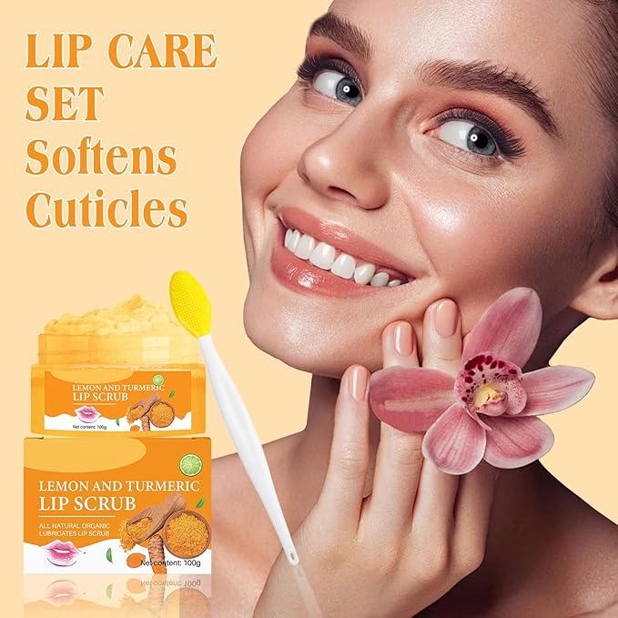 Turmeric Lemon Lip Scrub with Brush, Lip Scrubber Exfoliator for Dark Lips, Dry, Chapped Lips, Reduce Fine Lines, Natural Nourish Sugar Lip Scrub with Aloe Vera, Deep Hydration Moisturization 100g