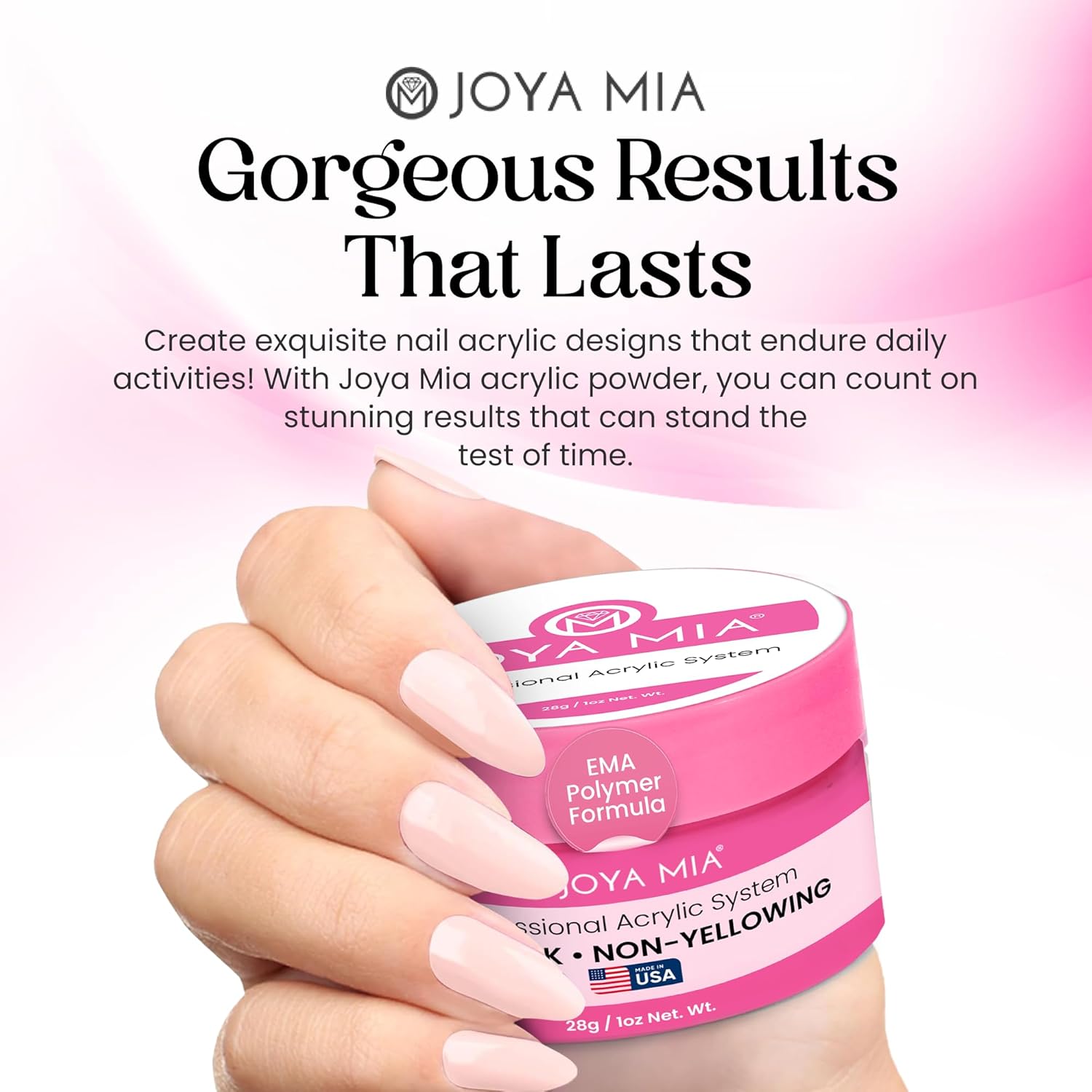 Joya Mia Acrylic Powder for Nails, MMA-Free, Super Adhesion Professional Powder for Flawless & Long-Lasting Nail Enhancements, Easy Application, Vibrant & Stunning Colors - Soft Pink, 1 oz