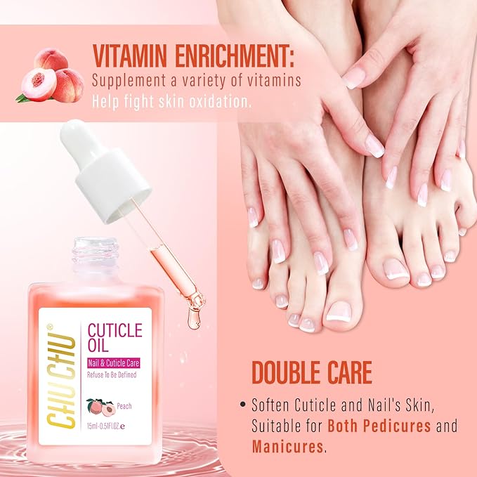 CHUCHU Organic Cuticle Oil for Nails: Peach Jojoba Nail Oil with Vitamin B & E - Moisturizes Repairs and Promotes Nail Growth - Prevents Dryness Hangnails and Chapped Skin 15ML