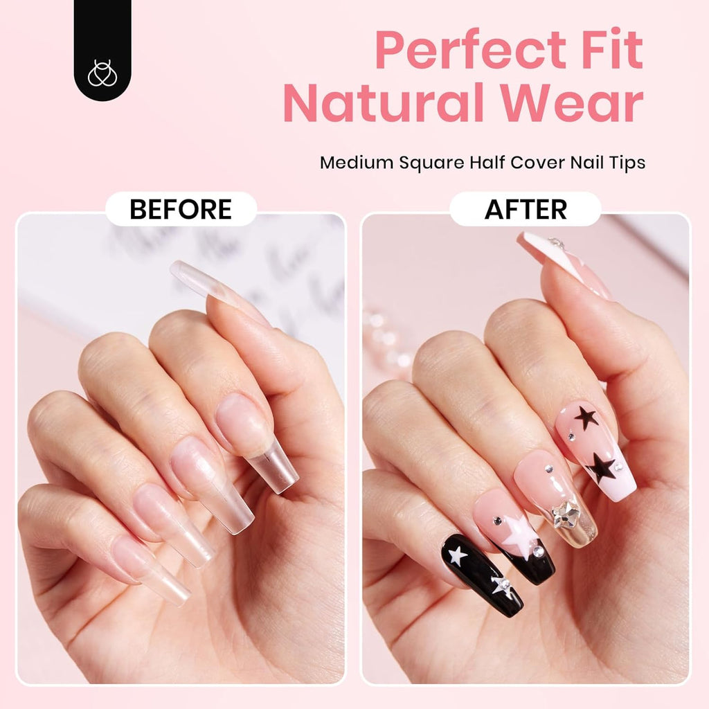 Beetles Gel Nail Tips Kit Etch-X, Square Medium, 288Pcs 12 Sizes, with 10mL Nail Glue, Pre-Etched Half Matte Half Cover Soft Acrylic False Nail Kit for Home DIY Salon Art Fall Press on Nail Extension