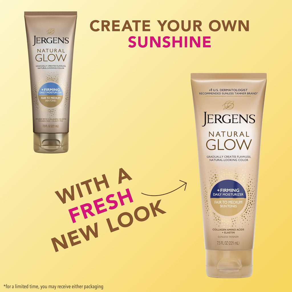 Jergens Natural Glow +Firming Self Tanner Body Lotion, Fair to Medium Skin Tone, Sunless Tanning Moisturizer with Collagen and Elastin. Helps to Visibly Reduce Cellulite, 7.5 Fl Oz (Pack of 2)