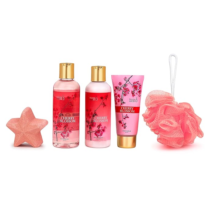 Bath and Body Gift Basket For Women – 5 Piece Set of Cherry Blossom Bath & Body Collection Gift Box, Includes Shower Gel, Body Lotion, Body Scrub, Bath Bomb & Sponge - Appreciation Gift Ideas