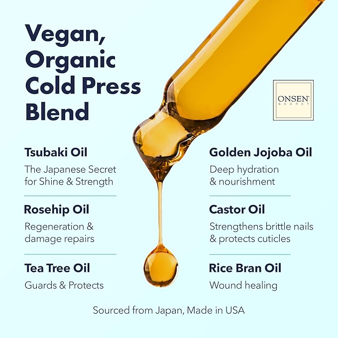 Onsen Secret Nail & Cuticle Repair Oil (30ml) - Dry Oil Formula - Japanese Tsubaki, Tea Tree & Jojoba - Strengthens Nails, Repairs Cuticles, Hydrates Skin & Hair - Natural & Vegan