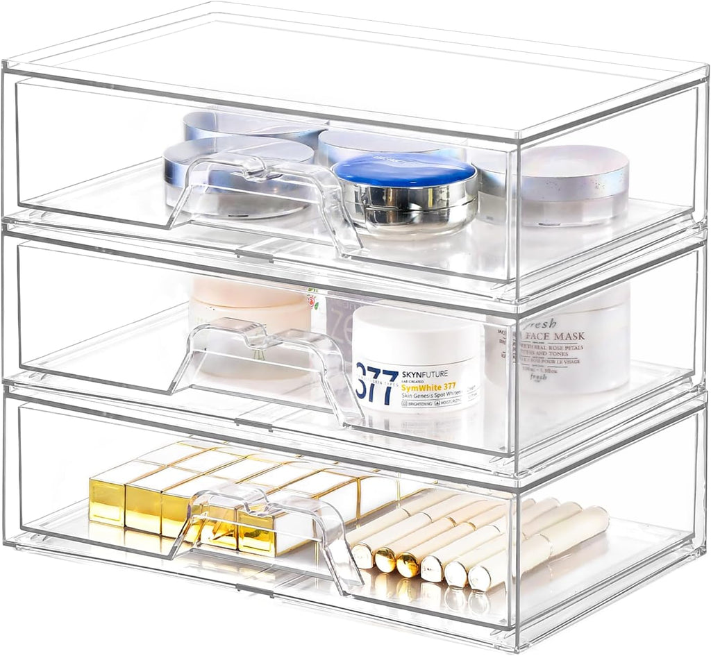 3 Pack Stackable Makeup Organizer, 12.1''L Acrylic Bathroom Organizer and Storage Undersink Drawer, Cosmetics and Beauty Supplies,Clear Plastic Storage Bins for Vanity,Pantry,Desk,Cabinet,Kitchen