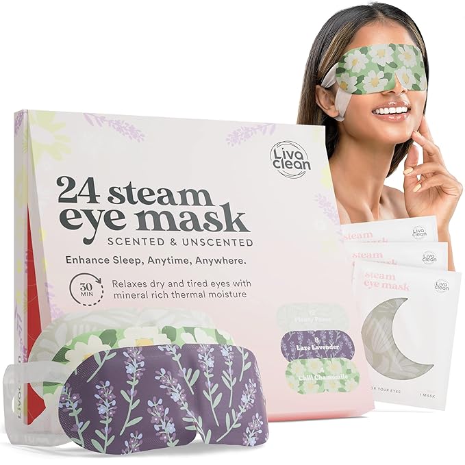 LivaClean 24 Steam Eye Mask for Dry Eyes, Dark Circles & Puffiness, Warm & Self Heating, Ear Hooks to Stay On, Lavendar, Chamile & Unscented, Disposable
