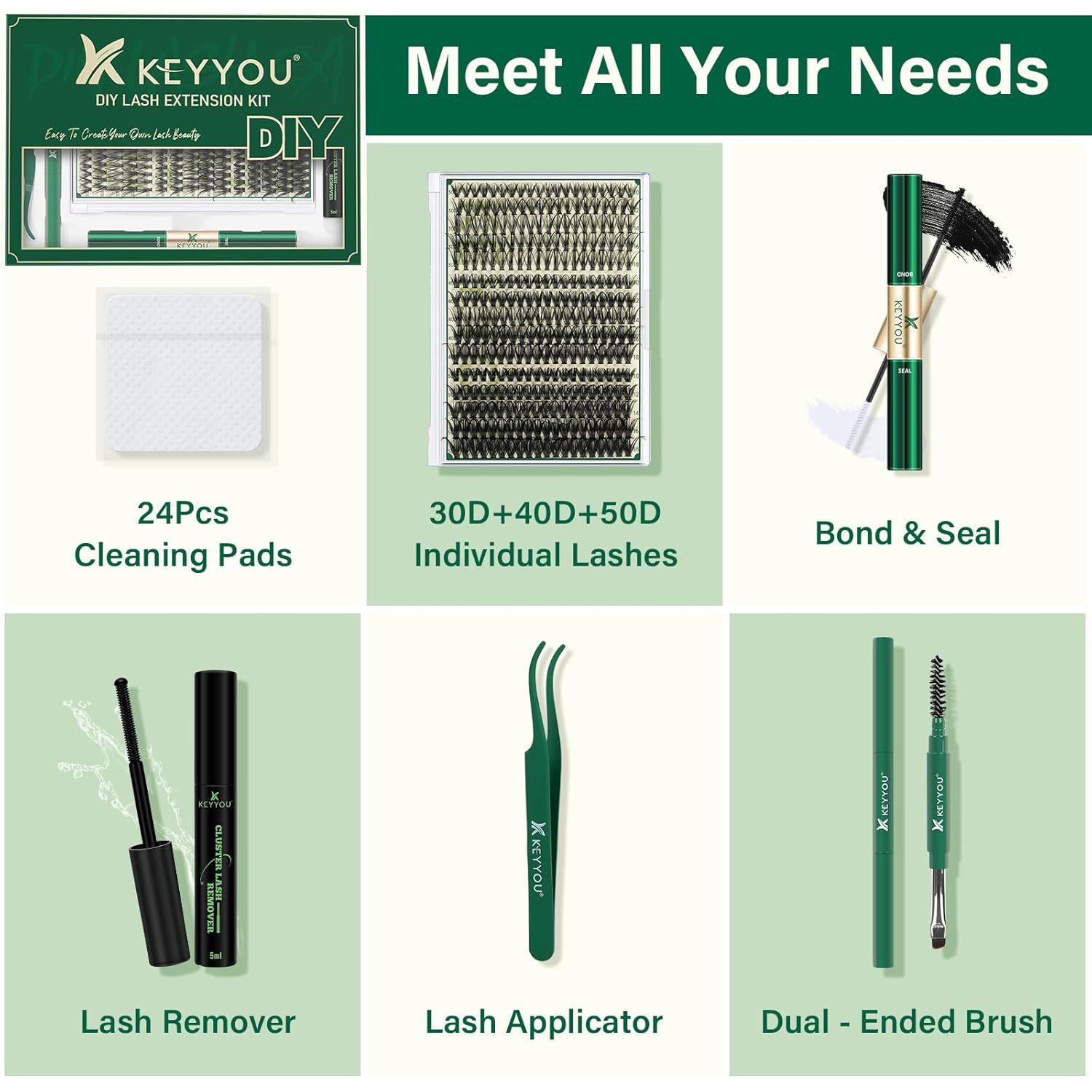 KEYYOU Lash Extension Kit DIY 300Pcs Lash Clusters Eyelash Extension Kit Lash Clusters Kit with Lash Glue Remover Applicator Easy to Use for Beginners(Kit,30D40D50D-D,8-16MIX)