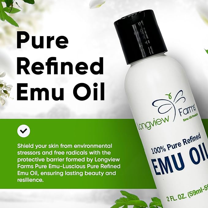 Longview Farms® Emu Oil - Hair and Body - 100% Pure & Refined Emu Oil for Skin & Hair Care | Premium Quality Hydration & Nourishment | 2 Fl. Oz