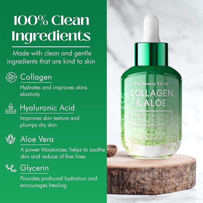 Aloe & Collagen Serum For Face - Dermatologist Tested, Anti-Aging, Ultra Hydrating Aloe Vera Gel For Face - Natural Ingredients, Clean Beauty, Cruelty-Free Korean Skin Care - 1.69 oz