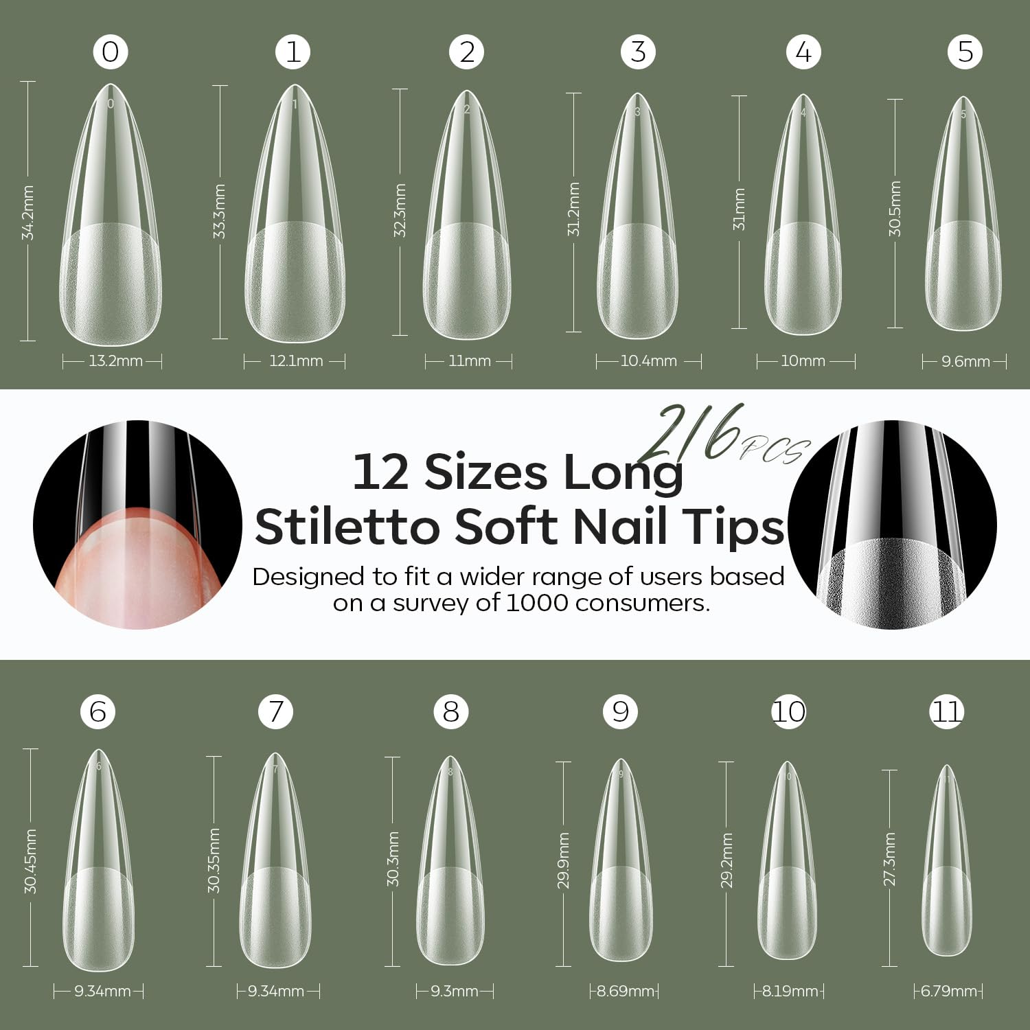 modelones Long Stiletto Nail Tips, Pre-shaped Soft Gel Tips Fake Nails False Acrylic Clear Full Cover Press on Extension Kit Gel Manicure DIY at Home 216PCS 12Sizes