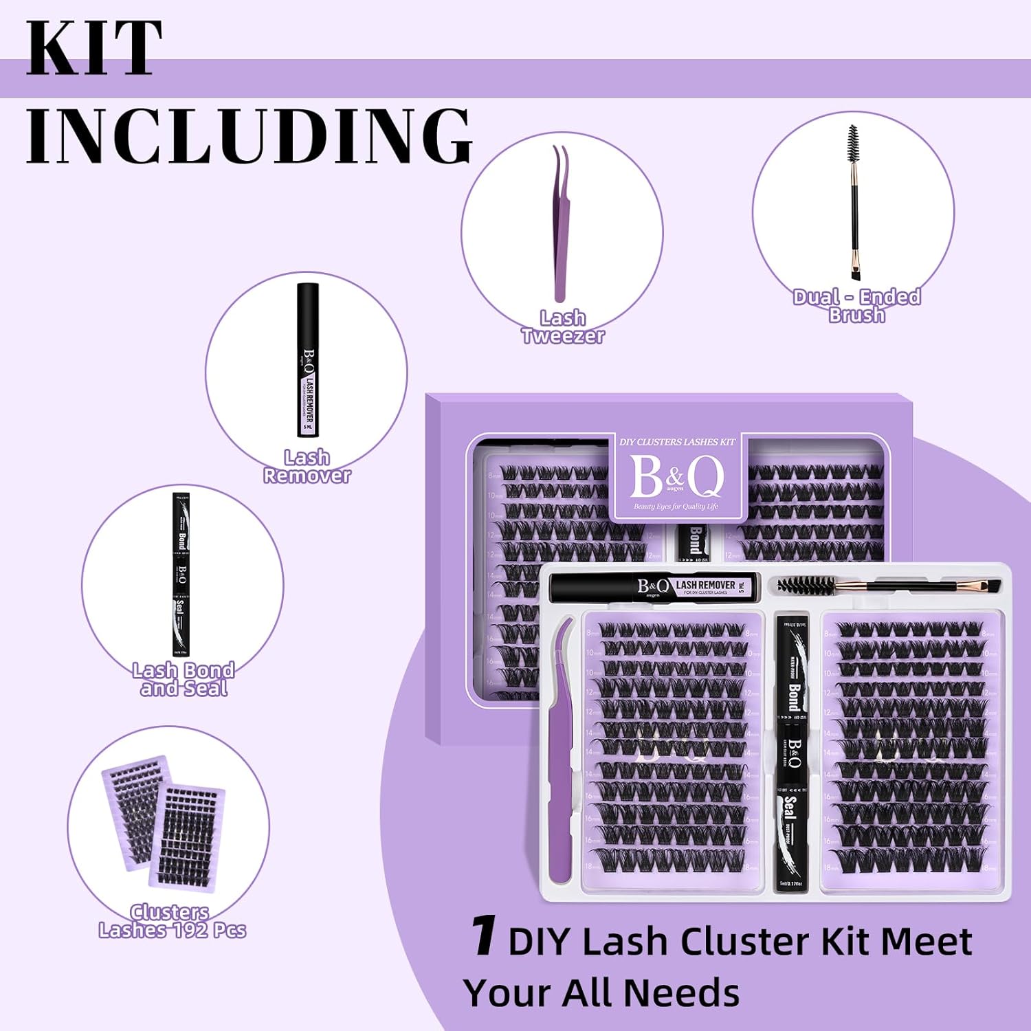 B&Qaugen Lash Extension Kit 192 PCS Eyelash Extension Kit D Curl Lash Clusters Kit Wispy Individual Lash Kit DIY Lash Extension Kit with Lash Glue and Remover Applications (B05+B06, Kit)