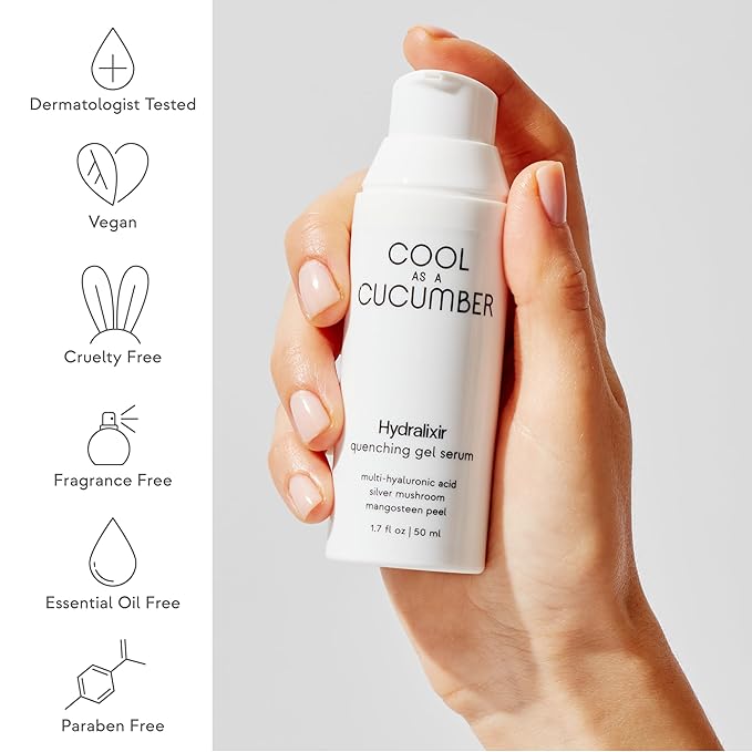Cool as a Cucumber Hydralixir Face Serum, Hydrating Gel Facial Serum with Hyaluronic Acid, Beta Glucan, Aloe Vera, Intense Hydration, Vegan, Fragrance Free, Non Comedogenic, Oil Free, 1.7 FL Oz