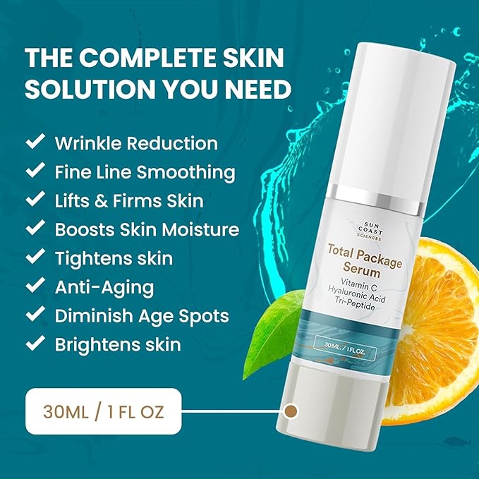 Sun Coast Sciences - Total Package Serum, All-In-One Vitamin C, Hyaluronic Acid, Peptides Serum For Face, Anti-Aging Facial Super Serum for Wrinkles, Age Spots - 1 fl oz (6)