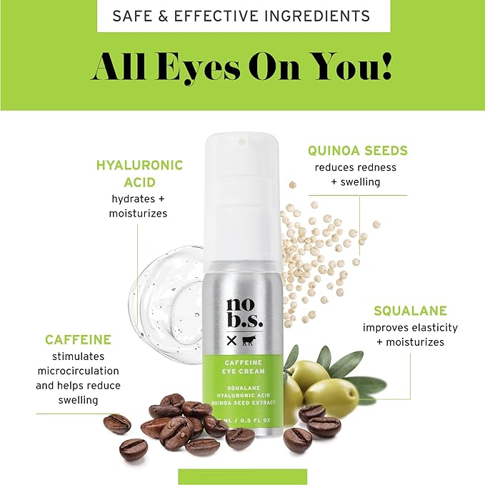 No Bad Stuff - Caffeine Eye Cream with Pure Hyaluronic Acid & Plant Based Squalane Oil, Under Eye Cream for Dark Circles & Puffiness, Gluten Free, Vegan, Travel Size, 0.5 FL Oz