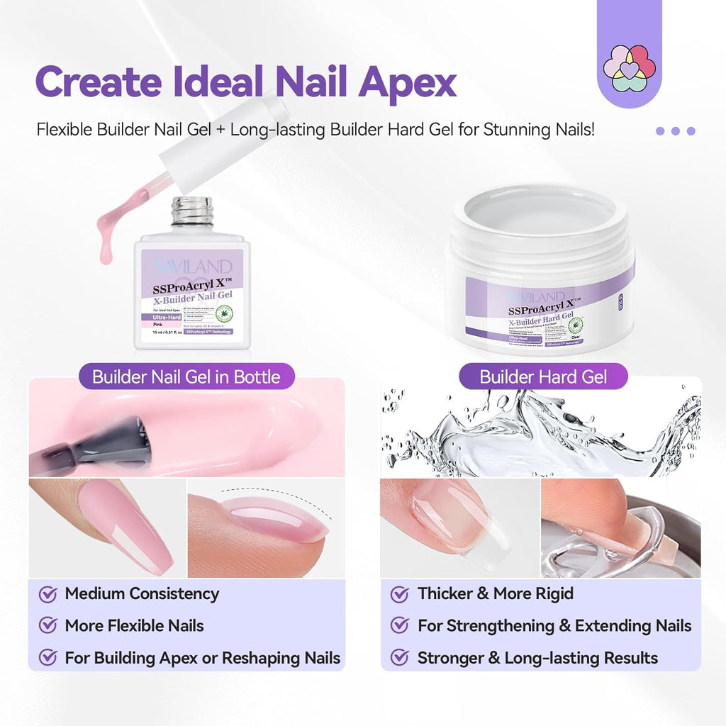 SAVILAND Builder Nail Gel Kit with Nail Drill: Clear Pink Nude White Gel Builder for Nails VE Castor Oil Ultra - Hard Gel with U V Lamp Base Top Coat for Nail Apex Extension Strengthener SSProAcryl X