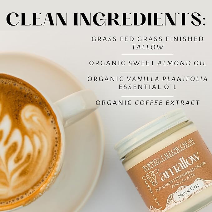 100% Grass Fed Beef Tallow Skincare & Lip Balm Set - Whipped Moisturizer for Face & Body (Vanilla Latte) + All Natural Tallow Lip Balm (Vanilla Dream)