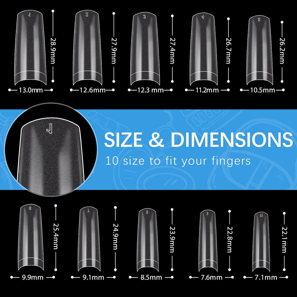 Long Coffin Nails Tip - INFELING Clear Gel Nail Tips 500PCS Half Cover Nail Tips for Acrylic Nails Professional with Box for Nail Salons Home, 10 Sizes