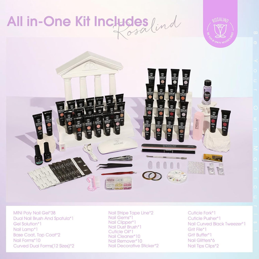 ROSALIND Poly Nail Gel Kit -38 Classic Colors +72 Nail Art Accessories kit Clear Nude Poly Nails Gel Kit Starter Kit with Mini UV Lamp Slip Solution Basic Tools for Beginners with Everything