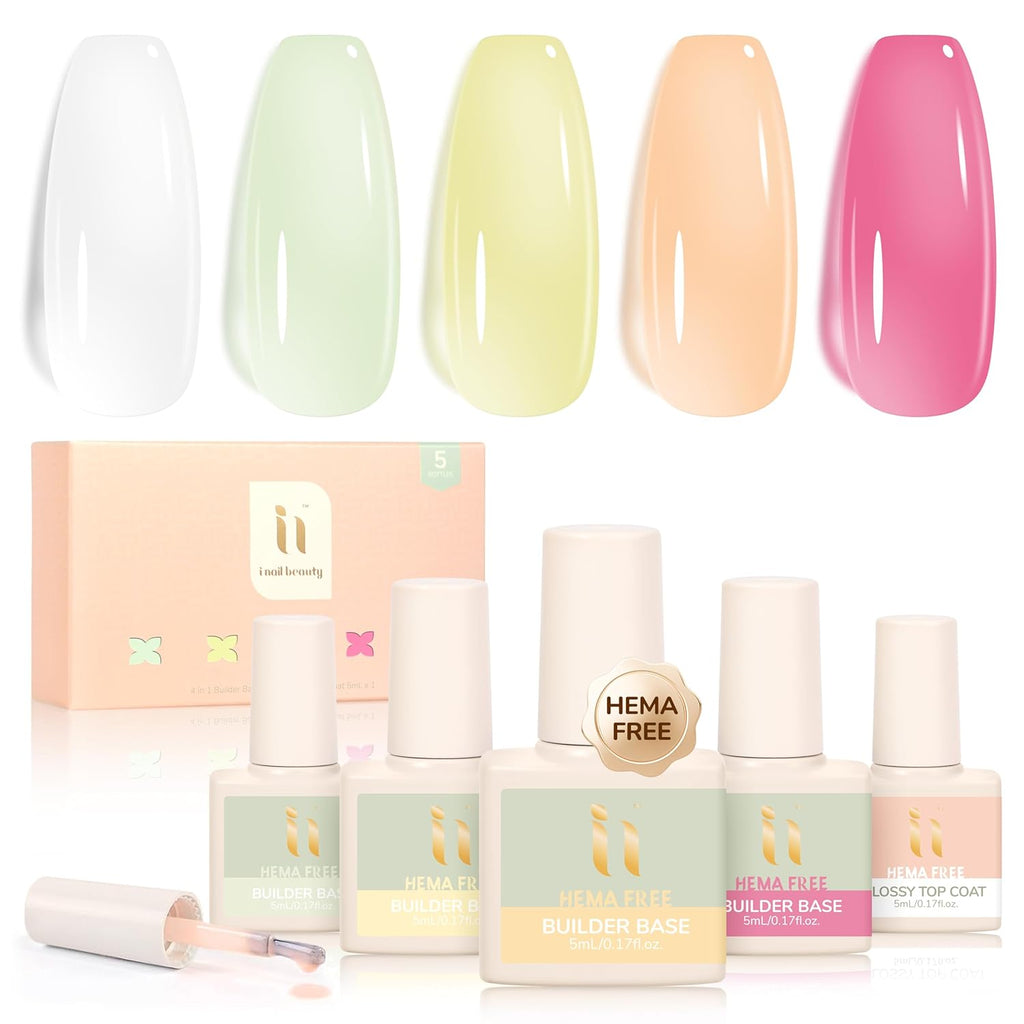 Rubber Base Builder Gel Strengthener Kit, With No Wipe Top Coat UV LED Curing, Hema Free, Smooth and Shinning Last long, Soak Off Gel Nail Polish for Nail Repair