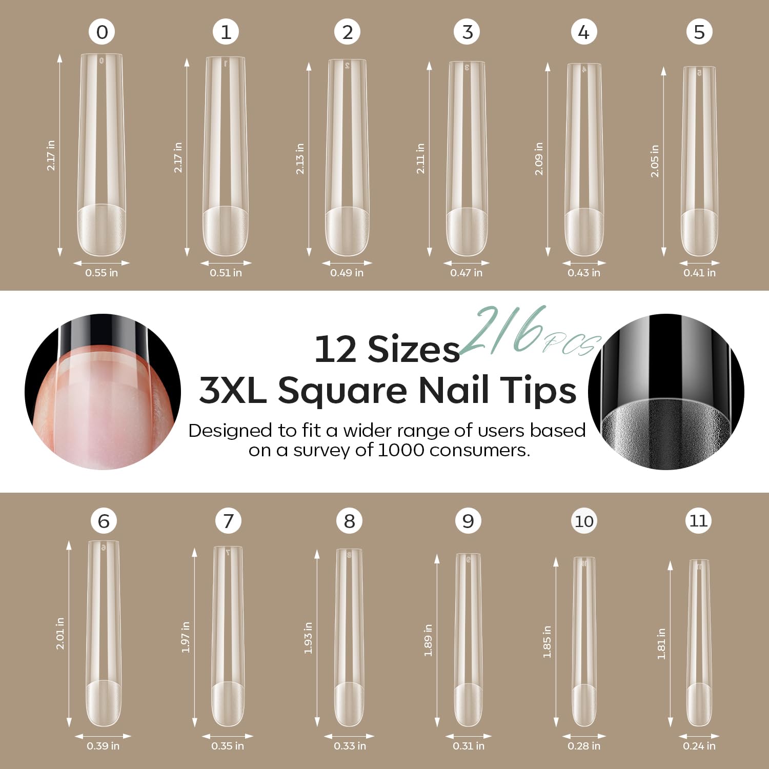 modelones Long Square Nail Tips, 3XXXL Straight Pre-shaped Soft Gel Tips Fake Nails False Acrylic Clear Full Cover Press on Extension Kit Gel Manicure DIY at Home 216PCS 12Sizes