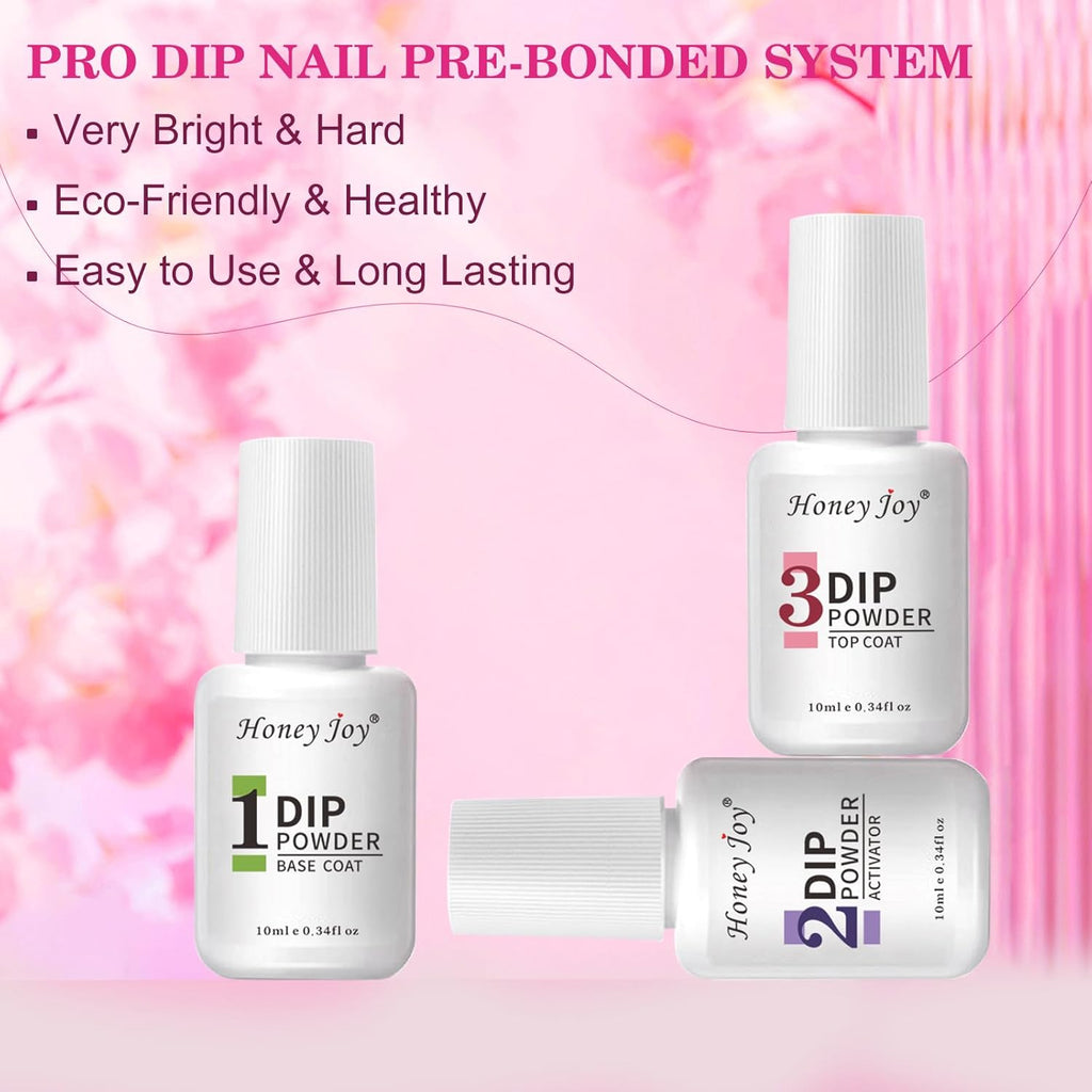 Honey Joy Dip Powder Nail Kit Starter, 4 Colors Hot Pink Glitter Fine Dipping Powder Liquid Set with Base Top Coat Activator for Nail Art Manicure Salon DIY No LED Nail Lamp Needed, Dip-7pcs-01