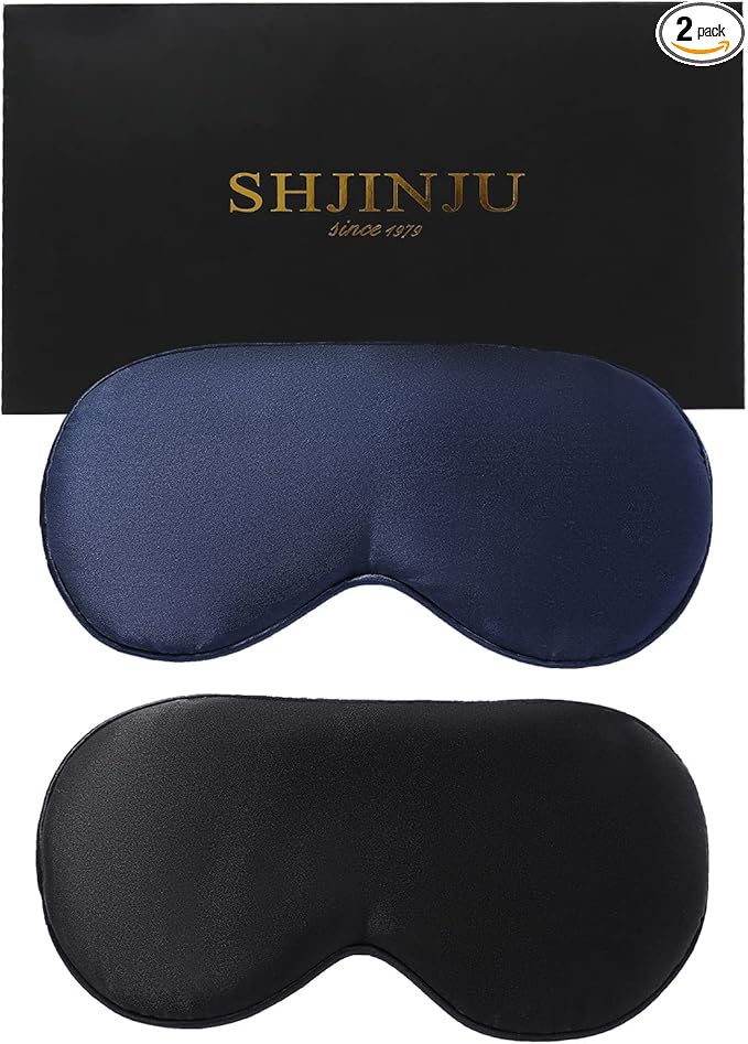 2-Pack 100% Real Natural Silk Eye Mask, Silk Sleeping Mask, Shade Puffy Eye Gift with Adjustable Straps, Sleep Eye Mask, SHJINJU Eye Mask Shade (Black and Navy)