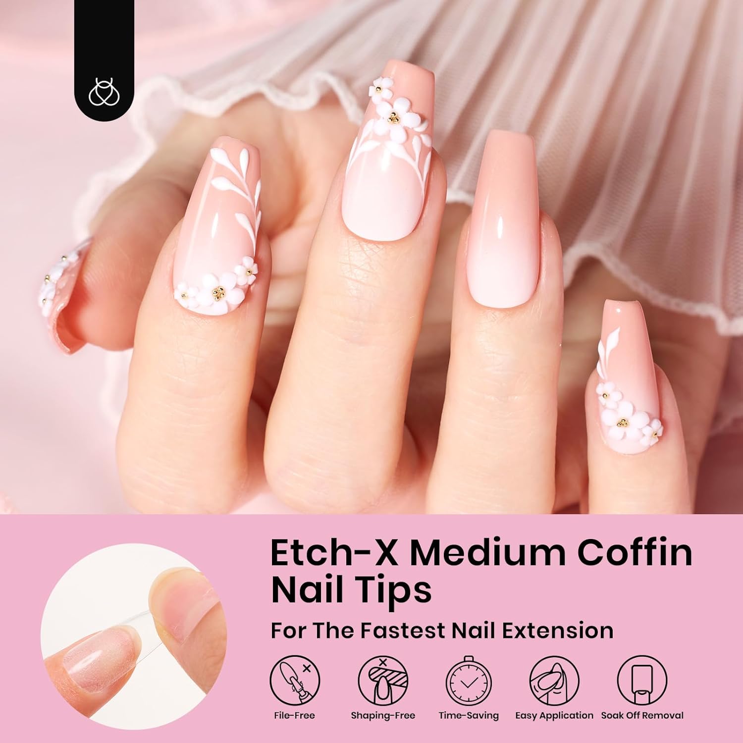 Beetles Gel Nail Tips Medium Coffin 576PCS Etch X Nail Tips, 12 Sizes Pre Shaped Half Matte Press On Nails Full Cover False Nails Acrylic Nails Glue on Nails Extensions Set for Women Home DIY