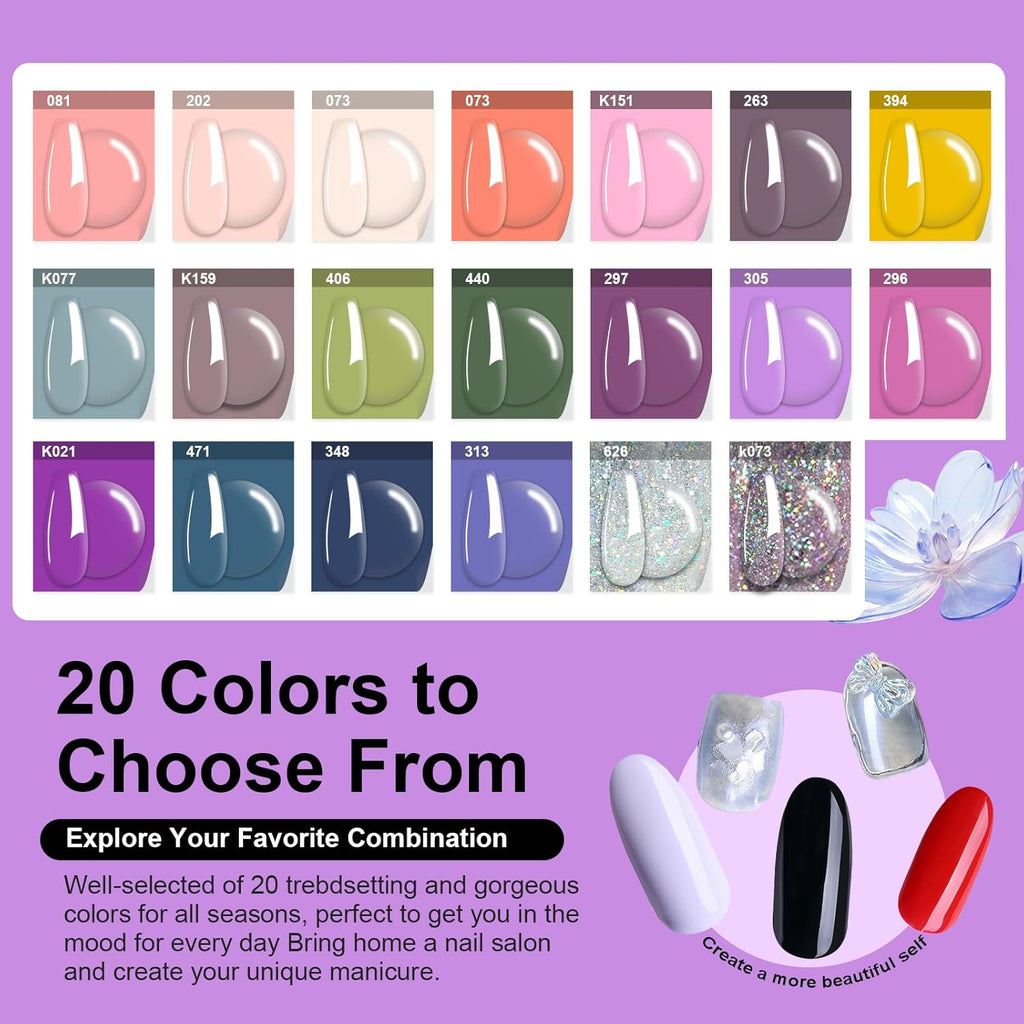 31 Pcs Dip Powder Nail Kit, 20 Colors Glitter Nude Pink Green Gray Dip Powder Liquid Set with Top/Base Coat Activator for French Nails Art Manicure DIY Salon, No Needed Nail Lamp Curing