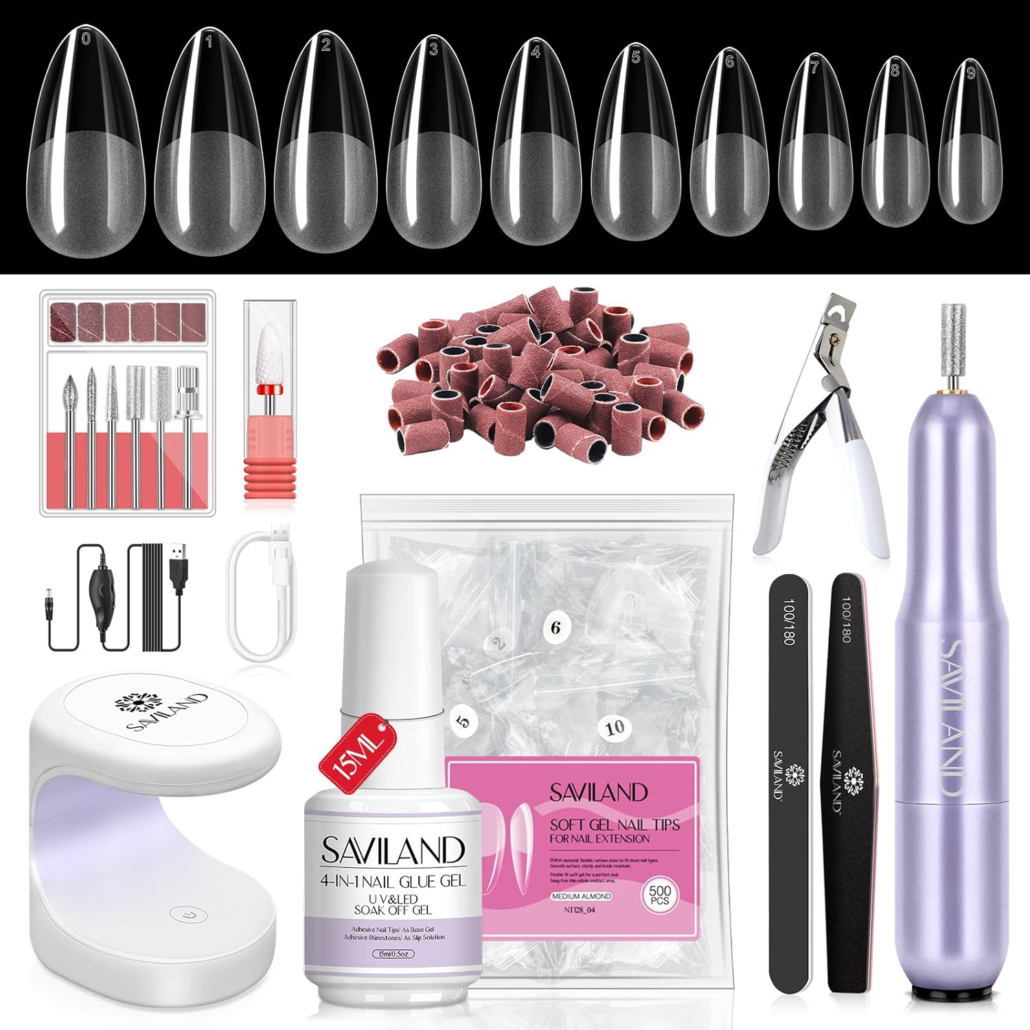 SAVILAND Almond Gel Nail Kit - Nail Drill with U V Lamp for Nails 500PCS Almond Nail Tips Gel Nail X Kit Easy Use Manicure Tool for Manicure Design at Home DIY Salon Gift for Women