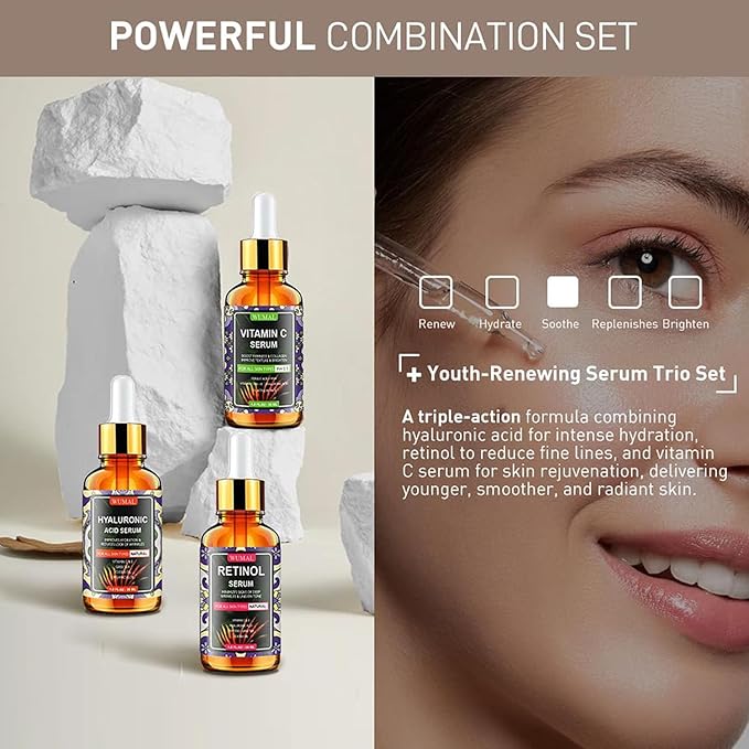 3 Pack Face Serum Set - Includes Vitamin C, Retinol & Hyaluronic Acid - Firming, Brightening & Hydrating - Reset Your Skin Day and Night