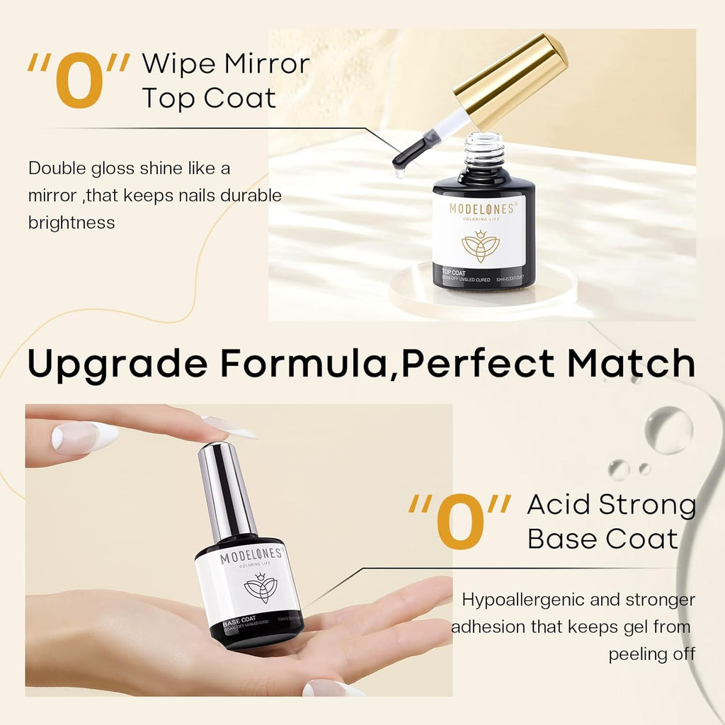 modelones 3 Pcs Gel Top Coat & Base with Cuticle Oil Set,10 ml Cuticle Protectors Set Gel Nail Polish No Wipe Base Gloss Top Coat & Nail Oil