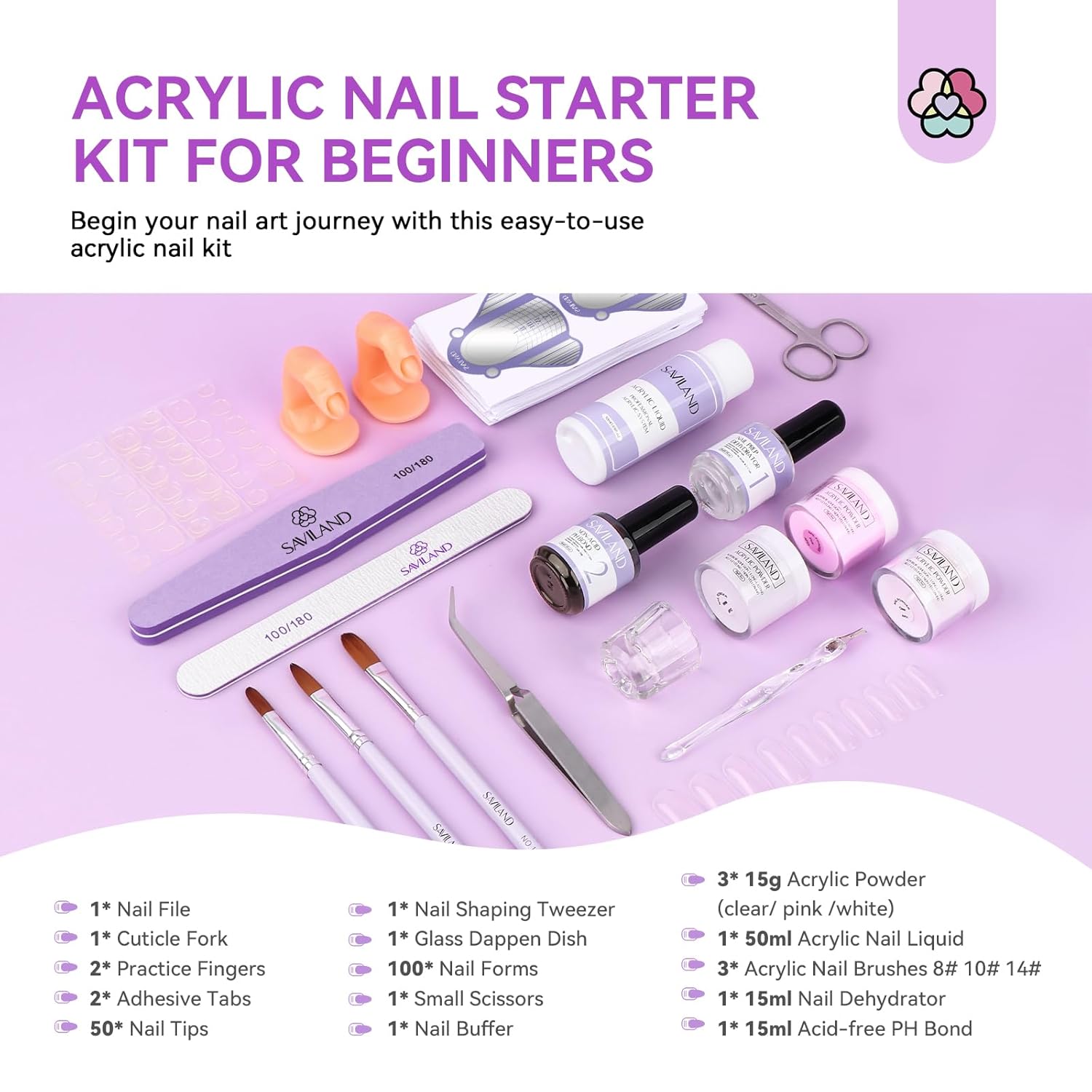 SAVILAND Essentials Acrylic Nail Kit for Beginners: White Pink Clear Acrylic Powder and Liquid Set with Nail Dehydrator Primer Brushes Forms Tips Tools Nails Kit Acrylic Set with Everything Home DIY