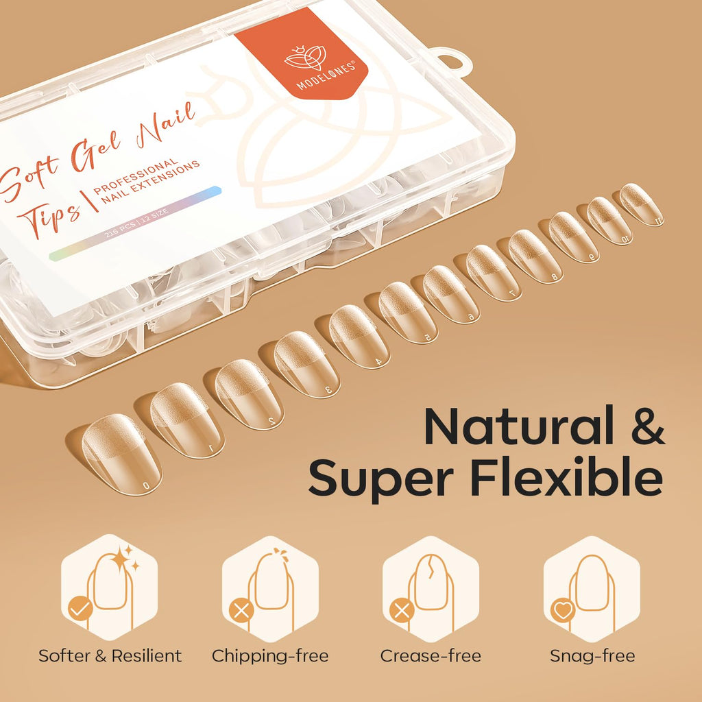 modelones Short Oval Nail Tips, Pre-shaped Soft Gel Tips Fake Nails False Acrylic Clear Full Cover Press on Extension Kit Gel Manicure DIY at Home 216PCS 12Sizes