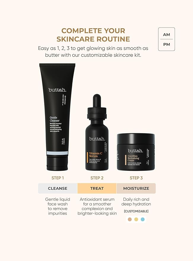 Buttah Skin Transforming Kit for Melanin Rich Skin | CocoShea Revitalizing Cream 2 oz | Vitamin C Serum 1 oz | Buttah Cleanser 3.4 oz | Black Owned Skincare
