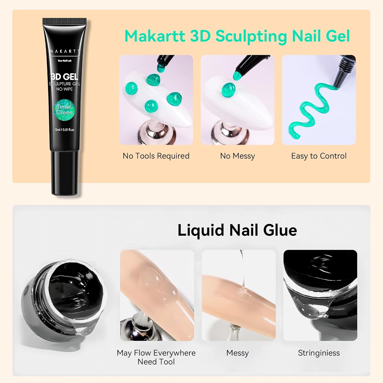 Makartt 3D Gel Nail Art- 3D Nail Gel Sculpting Gel for Nail Designs 15ml 3 in 1 No Wipe Polish for Drawing Carving Nails Molding Gels for Nail Decoration Charms- Tinsel Green