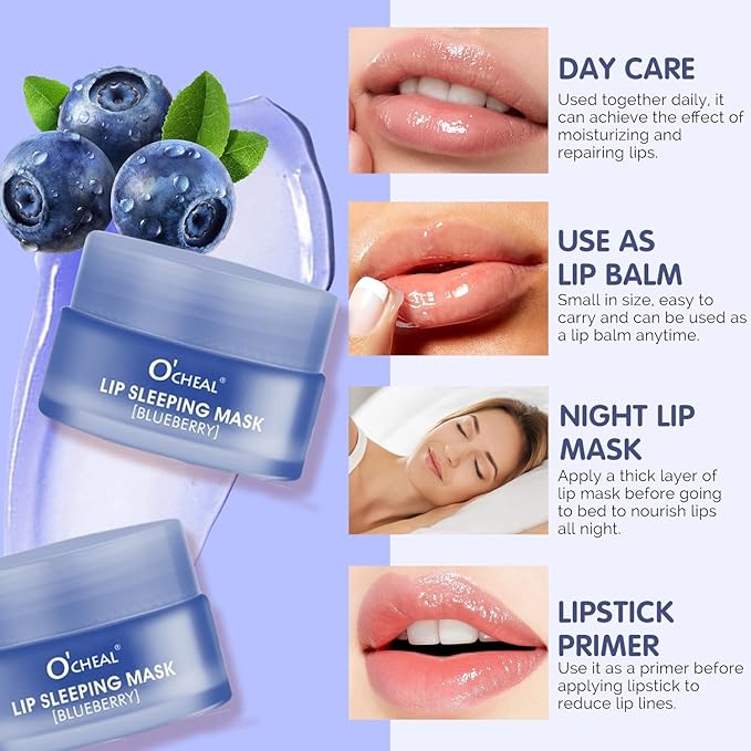Moisture Collagen Booster Lip Sleeping Mask Sheet, Nourishing, Plumping and Hydrating Lip Balm, Blueberry Lip Mask, Day and Night Repair Lip Balm for Improves Dryness and Cracked (Blueberry)
