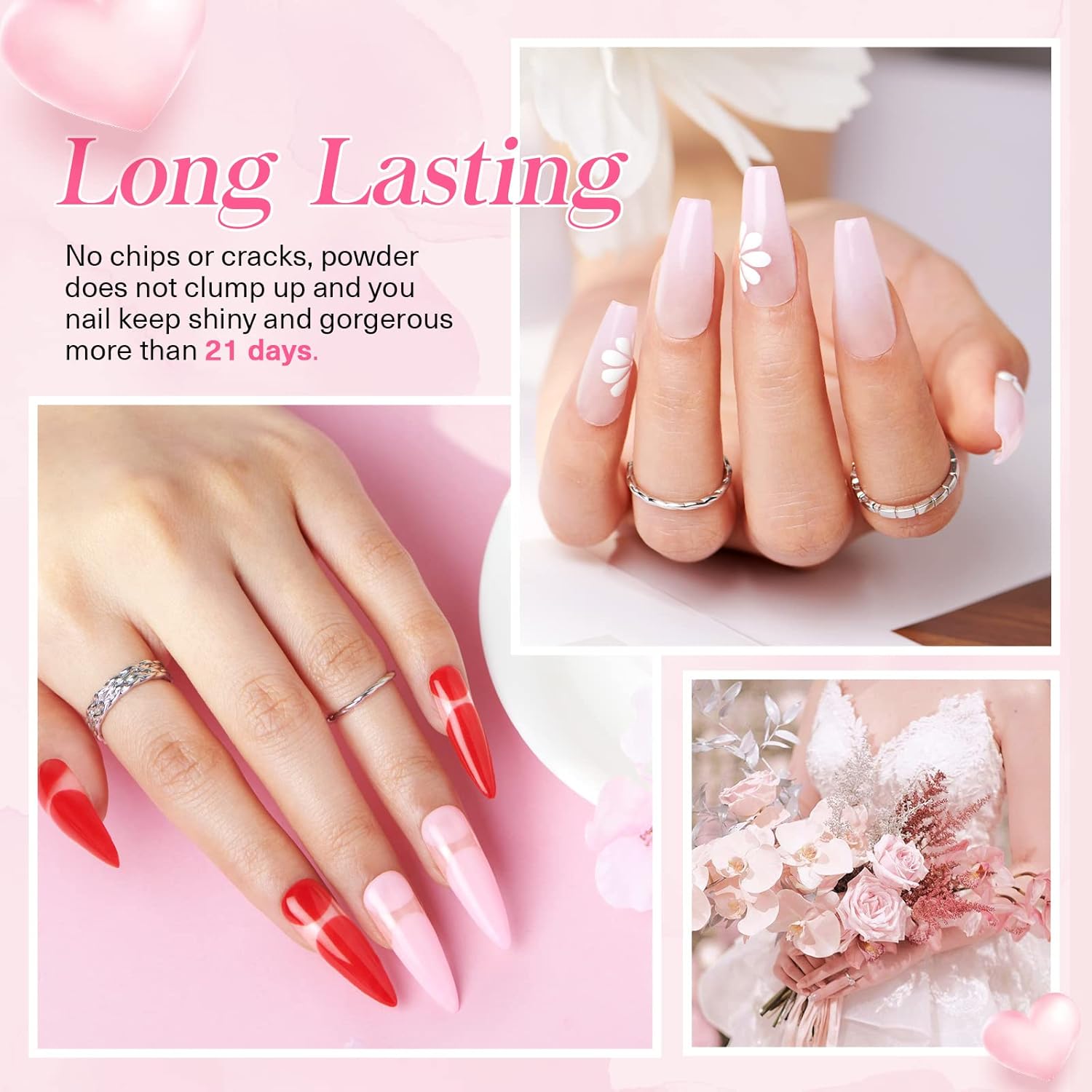 AZUREBEAUTY Dip Nails Powder Starter Kit, 4 Colors Pink Red Black Clear Dipping Powder System Liquid Set Recycling Tray with Base & Top Coat Activator Manicure Kit for Valentine's Day Gift.