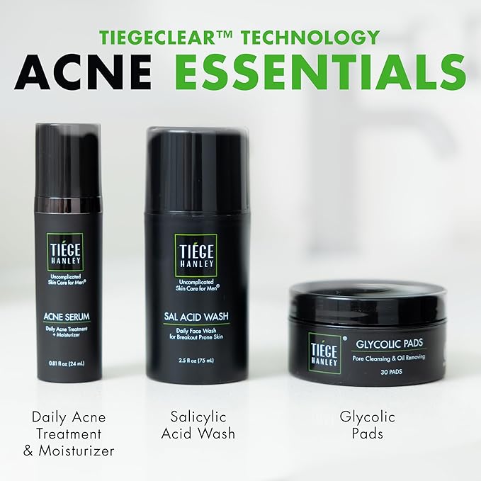 Tiege Hanley Men's Acne Treatment System (Level 1), TiegeClear Acne Essentials Routine for Smooth & Hydrated Skin - Includes Sal Acid Wash, Glycolic Acid Pads, and Acne Serum - All Skin Types