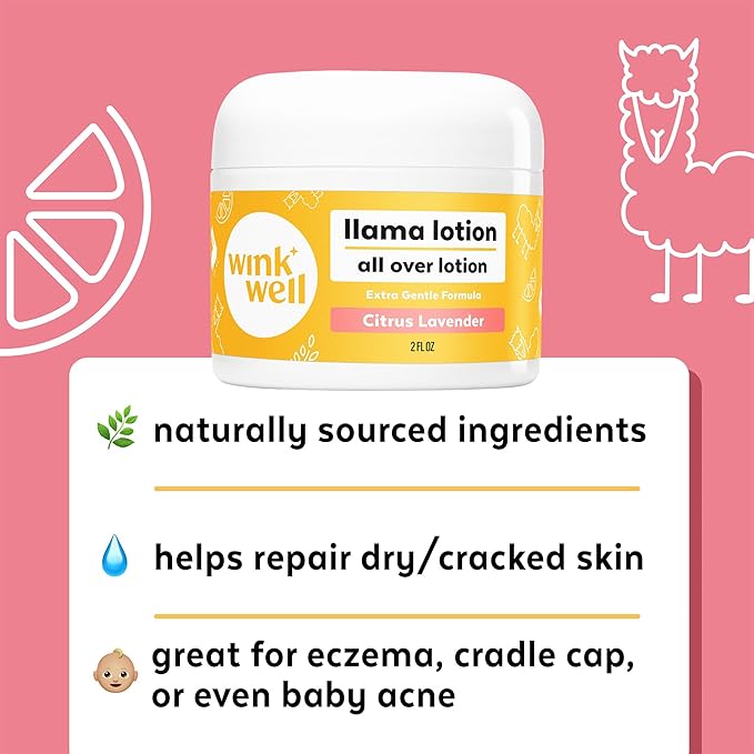 Wink Well Llama Baby Lotion, Gentle Body Care For Moisturizing And Calming Dry Skin For Babies, Kids And Adults, Free Of Parabens, Chemicals, Dyes And Fragrances (2 oz jar)