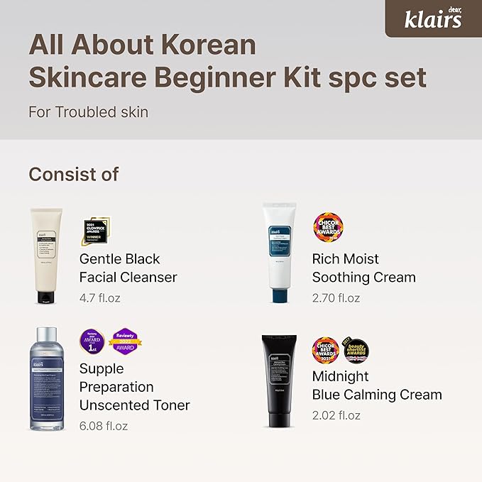DearKlairs [Klairs] Korean Skincare Beginner Kit, 4pc Set, Cleanser to cream