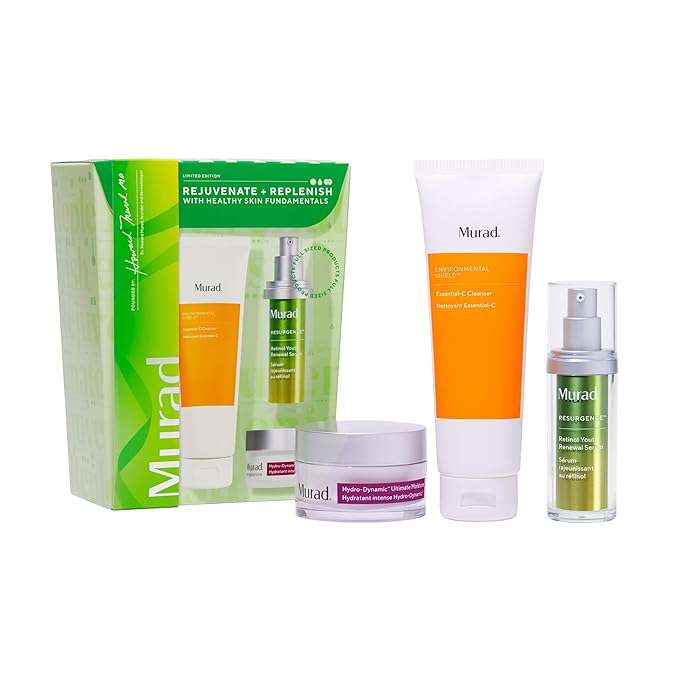 Murad Rejuvenate + Replenish w/ Healthy Skin - 3-Piece Full Sized Set ($213 Value) - Regimen for Total Skin Health - Ess-C Cleanser 6.75Fl Oz, Retinol Serum 1.0Fl Oz, Hydro Dynamic Moisture 1.7Fl Oz